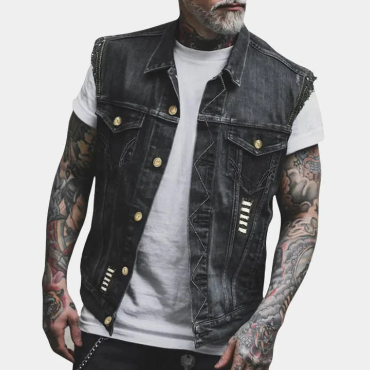 Heren mouwloos denim vest van Hoymans, ideaal voor een stijlvolle gelaagde look. Perfect voor casual mode herfst/winter.