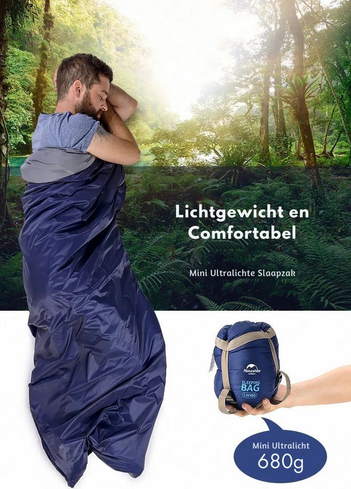 Detail van groene lichtgewicht slaapzak stof, toont ademend en duurzaam materiaal voor kamperen en wandelen.