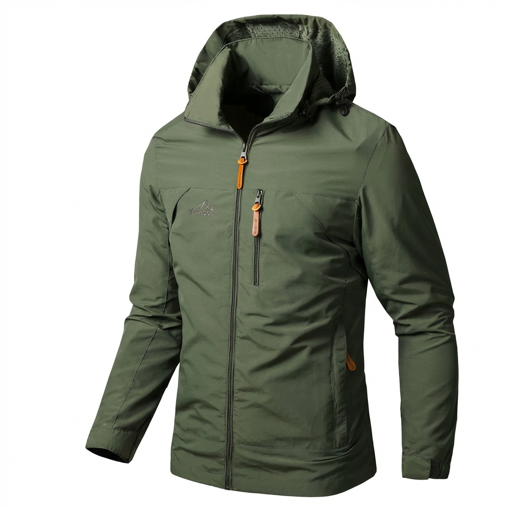 Robuuste heren outdoorjas, volledig wind- en waterdicht, geschikt voor intensief buitengebruik.