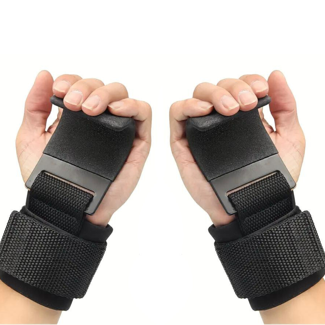 Lifting hooks met extra grip en verstelbare polsband, ideaal voor zware deadlifts en pull-ups in de gym.