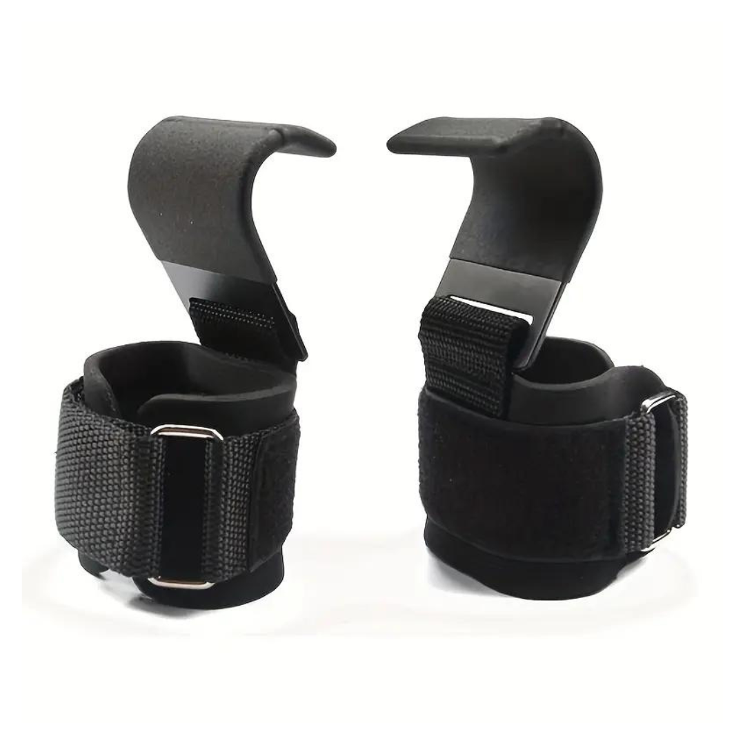 GripMax fitness lifting hooks met verstelbare polsband voor optimale grip tijdens krachttraining, deadlifts & pull-ups.