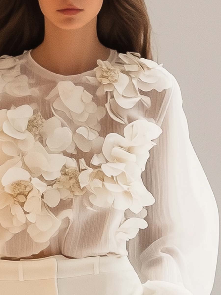 Chique witte damesblouse met unieke driedimensionale bloemdetails en stijlvolle ballonmouwen, voor een elegante look.