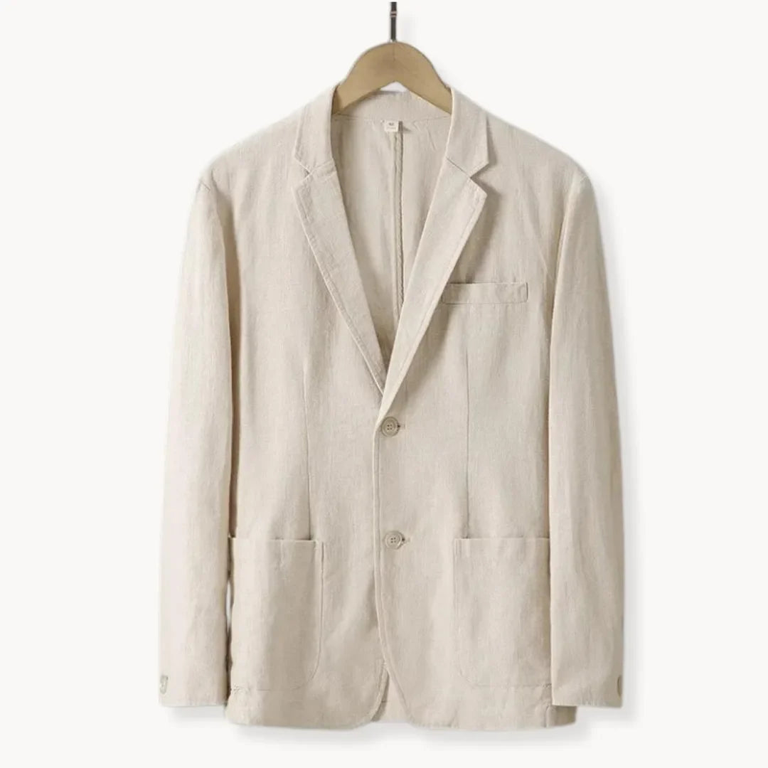 Heren linnen blazer met reverskraag en voorzakken, ideaal voor smartcasual lente/zomer outfits.