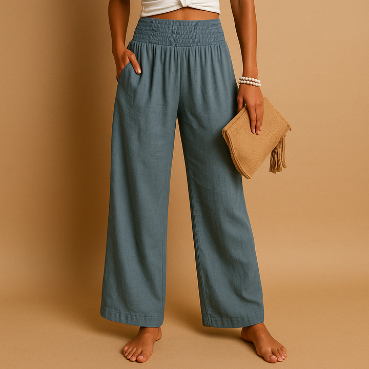 Dames linnen broek met hoge taille en elastische tailleband voor een flatterende, comfortabele pasvorm.