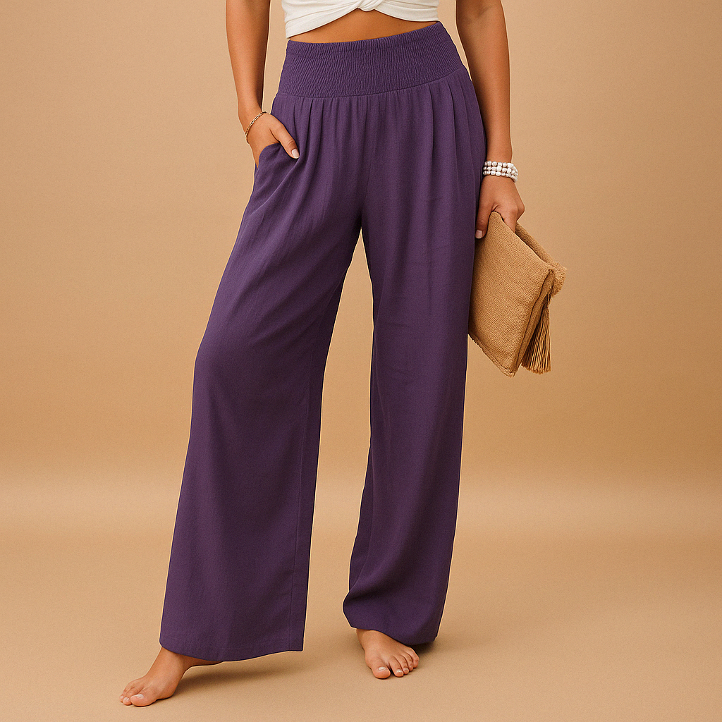 Model draagt elegante linnen damesbroek met hoge taille en comfortabele elastische band, casual stijl.