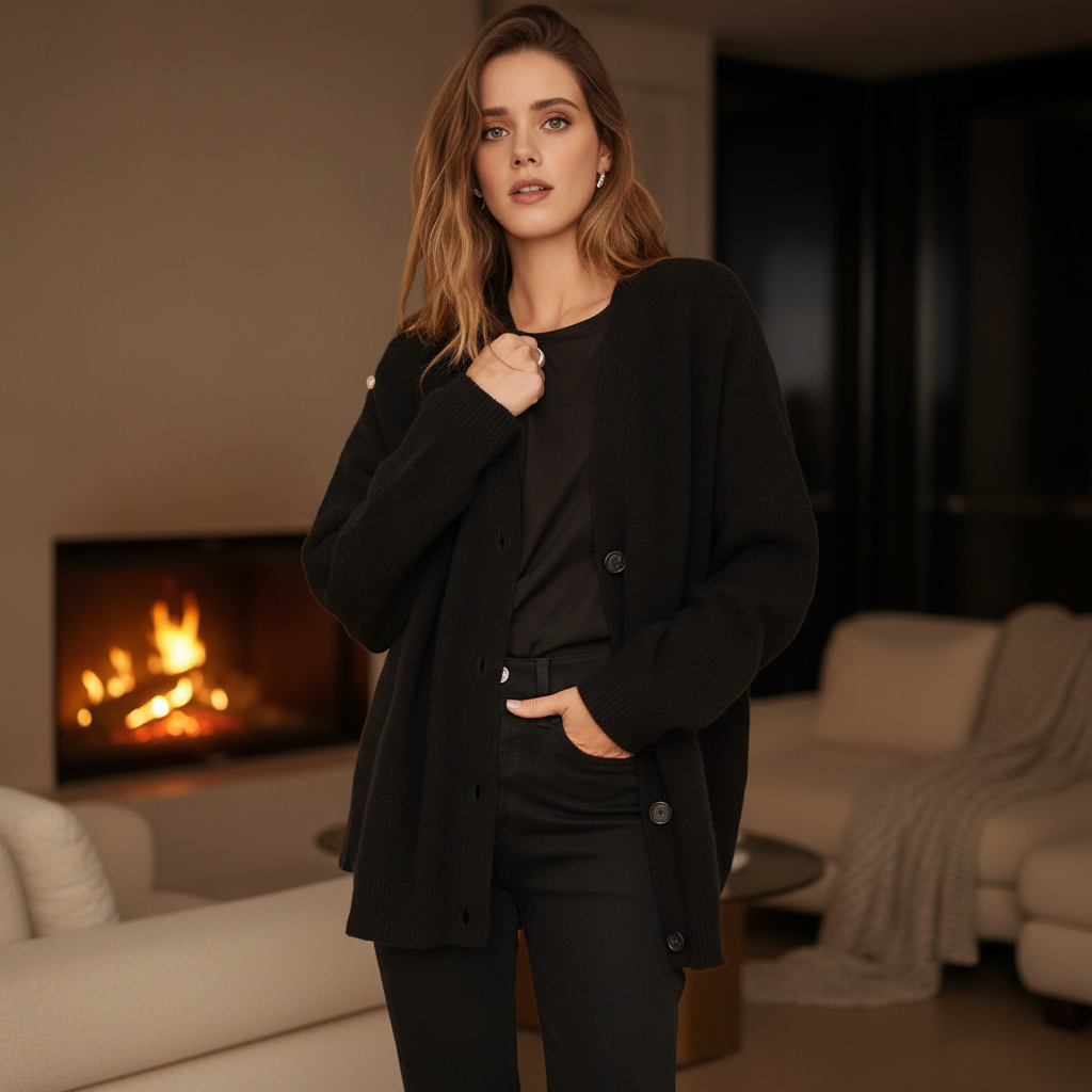 Dames los kasjmier vest Alina met diepe V-hals, comfortabel en elegant, ideaal voor herfst- en wintermode.