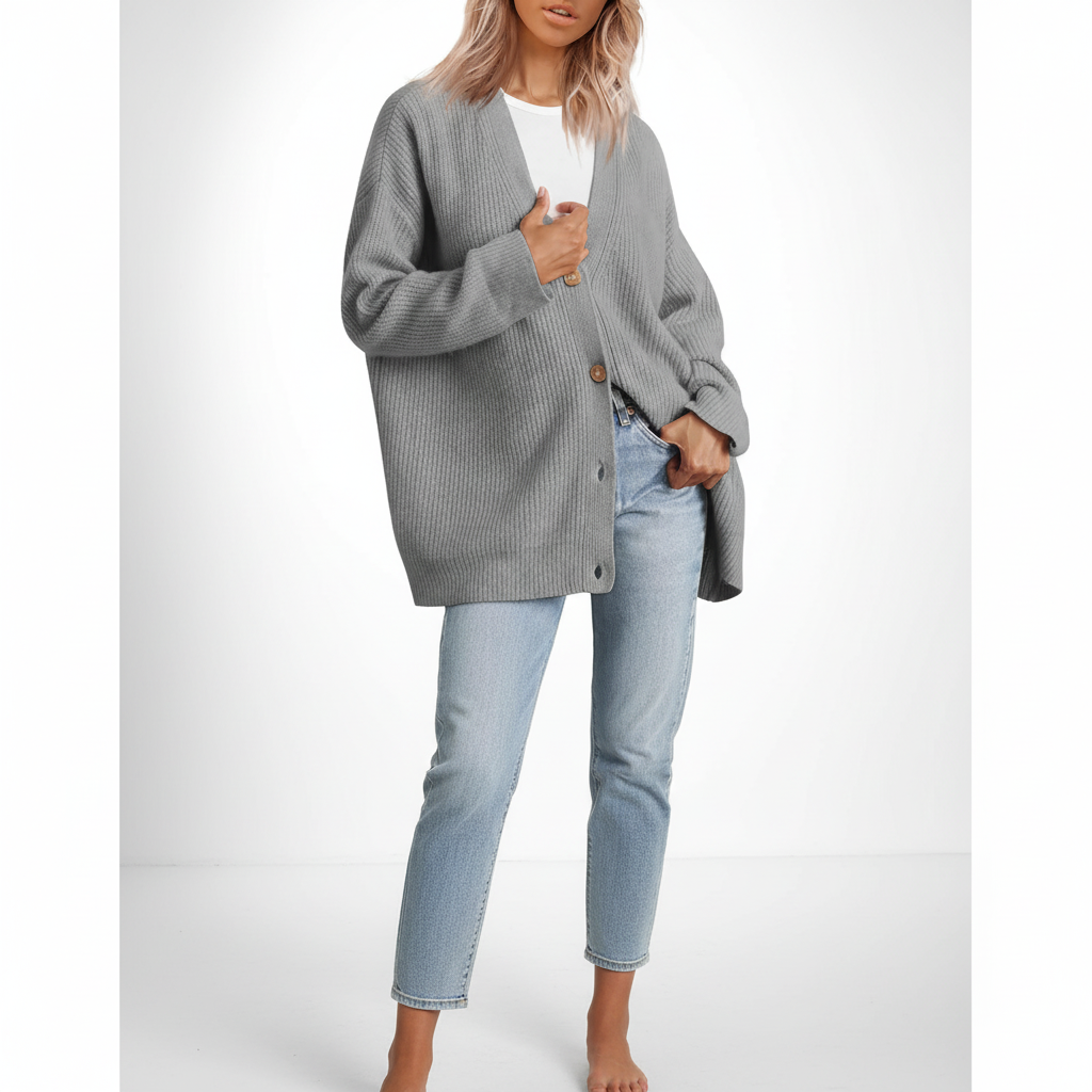 Warm kasjmier damesvest, losvallend model, diepe V-hals, comfortabel voor koude dagen.