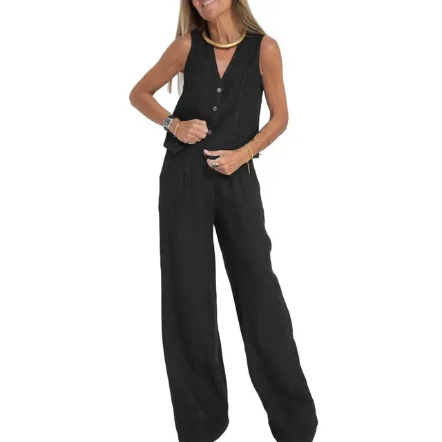 Comfortabele dames vest en broek set, ideaal voor vrijetijdskleding. Modieus, zacht en relaxte pasvorm.