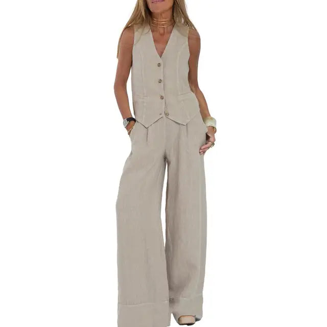 Dames comfortabele tweedelige set met vest en broek, relaxte pasvorm voor een chique casual look.