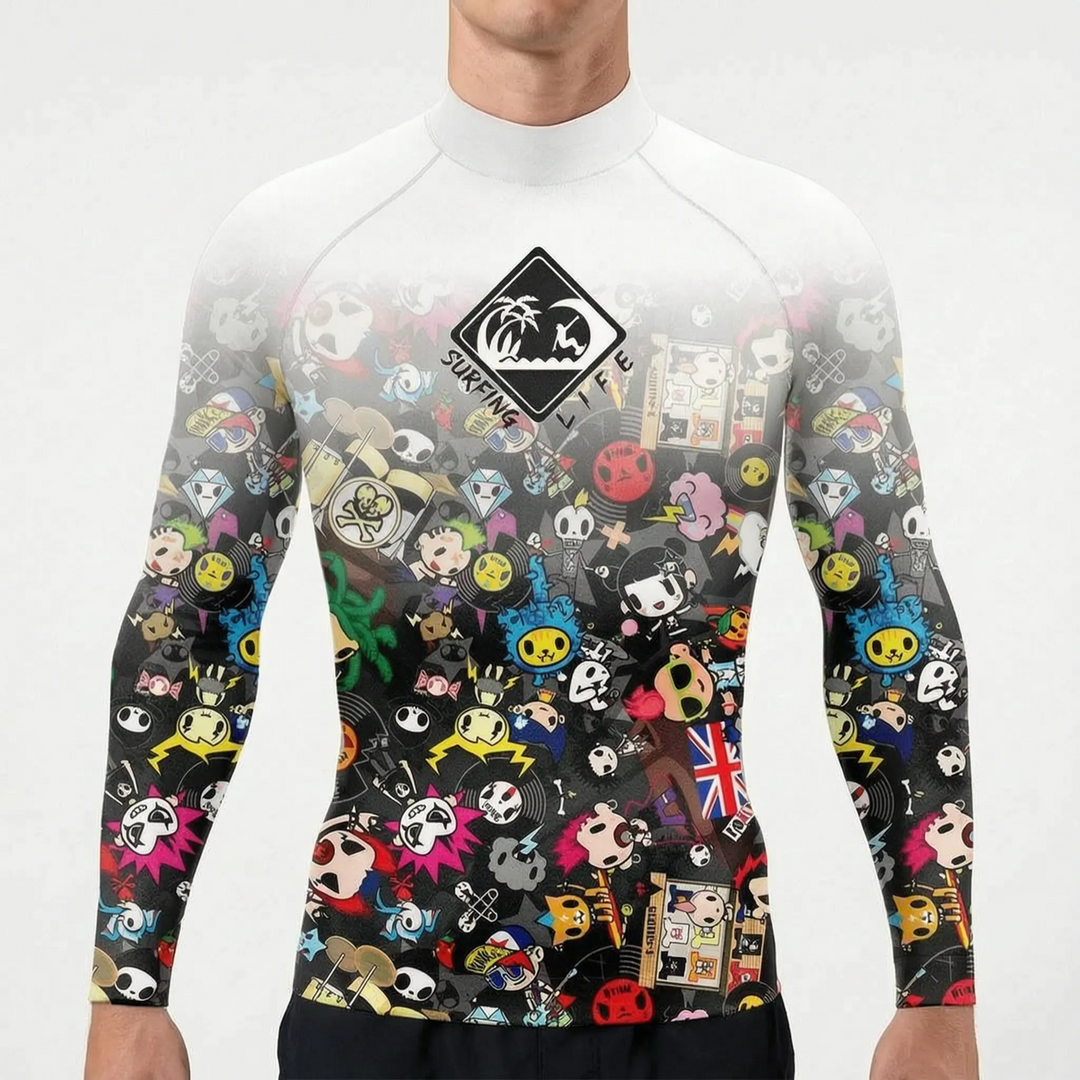 Heren UV-werende lange mouwen rashguard, essentieel voor veilige zonbescherming tijdens watersportactiviteiten.