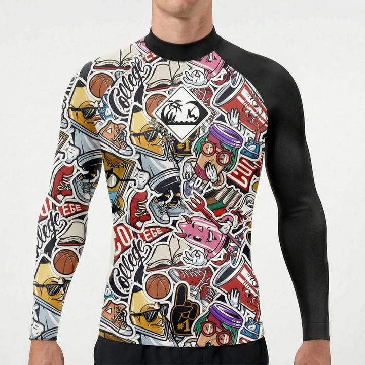 Veelzijdige heren rashguard met lange mouwen, ideaal voor watersport, strand en outdoor activiteiten met UV-bescherming.