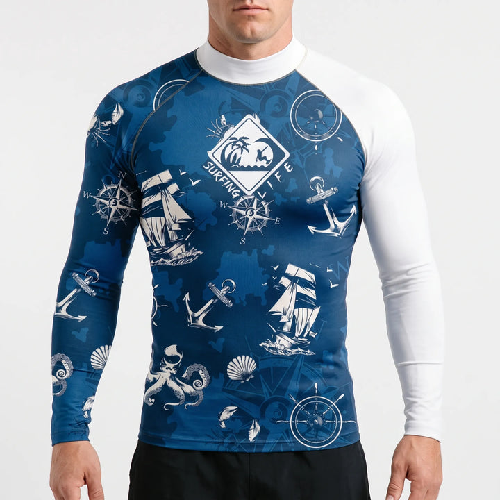 Lange mouwen rashguard voor heren, ideaal voor zwemmen en andere watersport, beschermt tegen UV-straling.