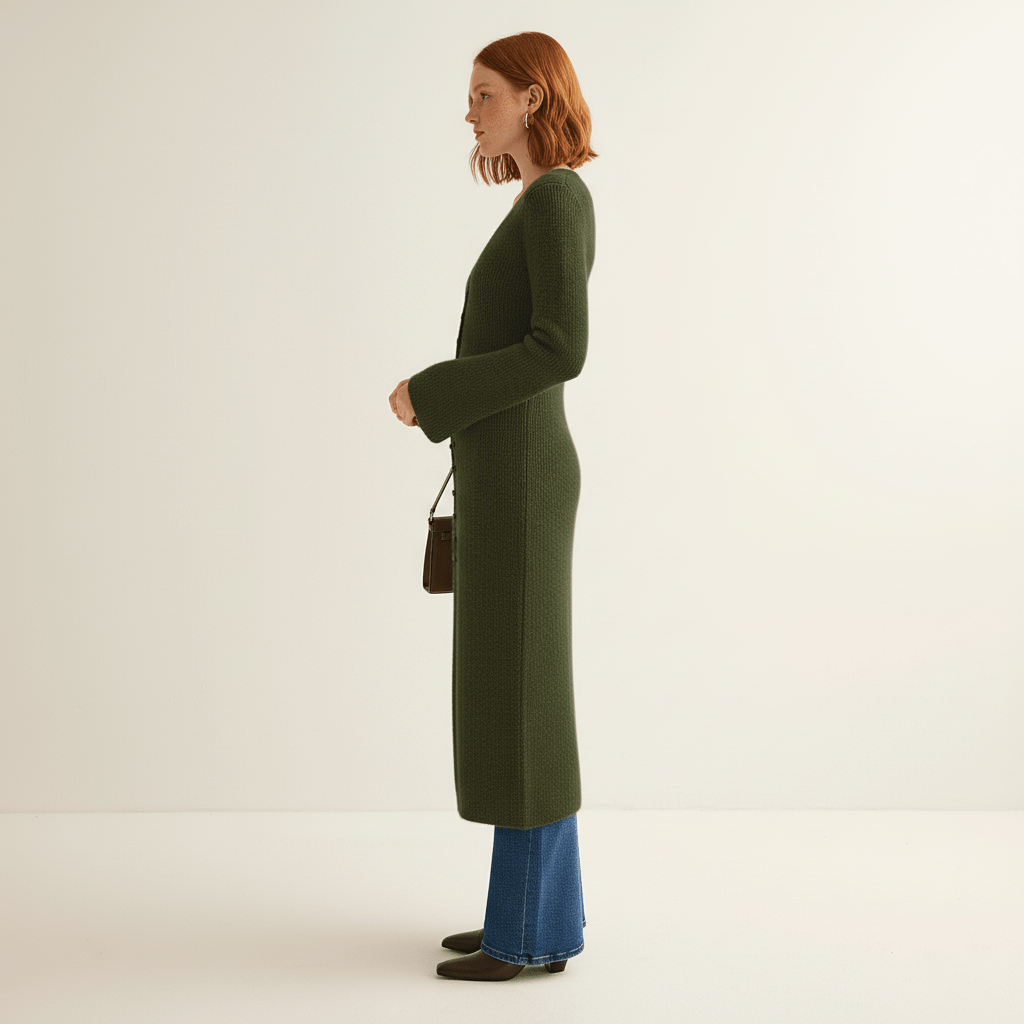Comfortabele en elegante dames longline cardigan met V-hals en praktische knoopsluiting.