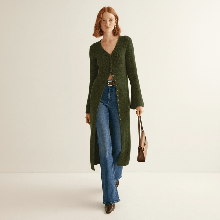Longline damesvest Angelina, met knoopsluiting, perfect voor zakelijke of casual settings.