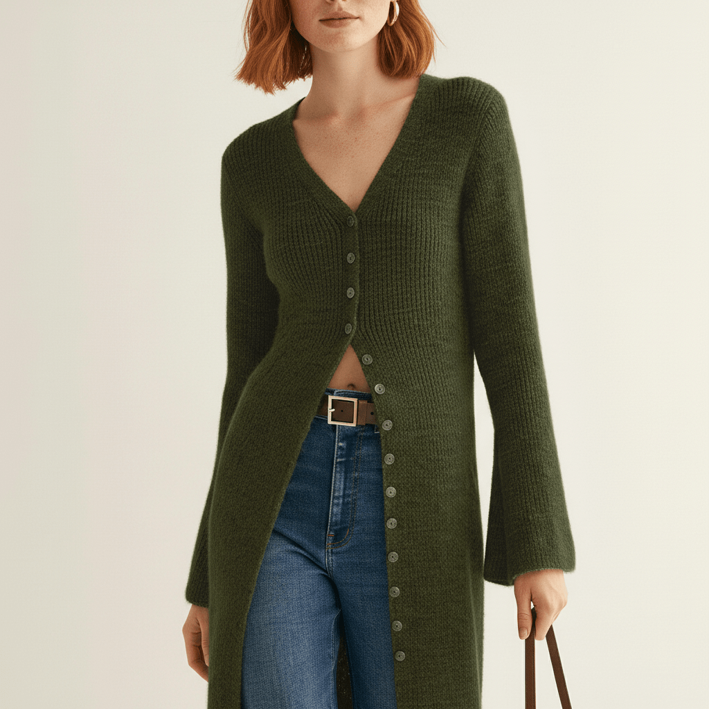 Comfortabele longline cardigan Angelina, damesvest met knopen en elegante V-hals design.
