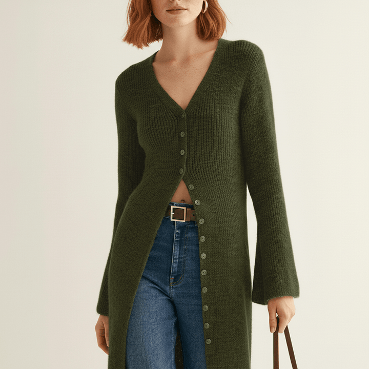 Comfortabele longline cardigan Angelina, damesvest met knopen en elegante V-hals design.