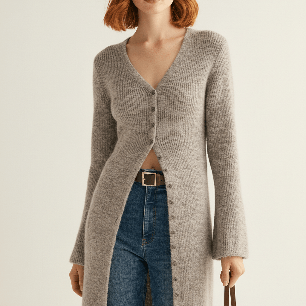 Dames Angelina longline cardigan met knoopsluiting, elegant en comfortabel voor elke gelegenheid.