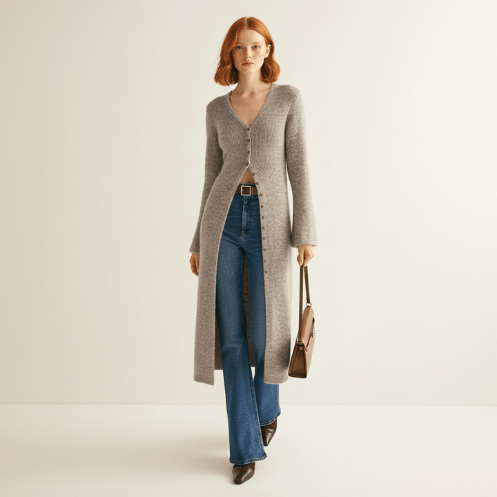 Casual dames longline cardigan met V-hals en knopen, comfortabel voor een relaxte look.