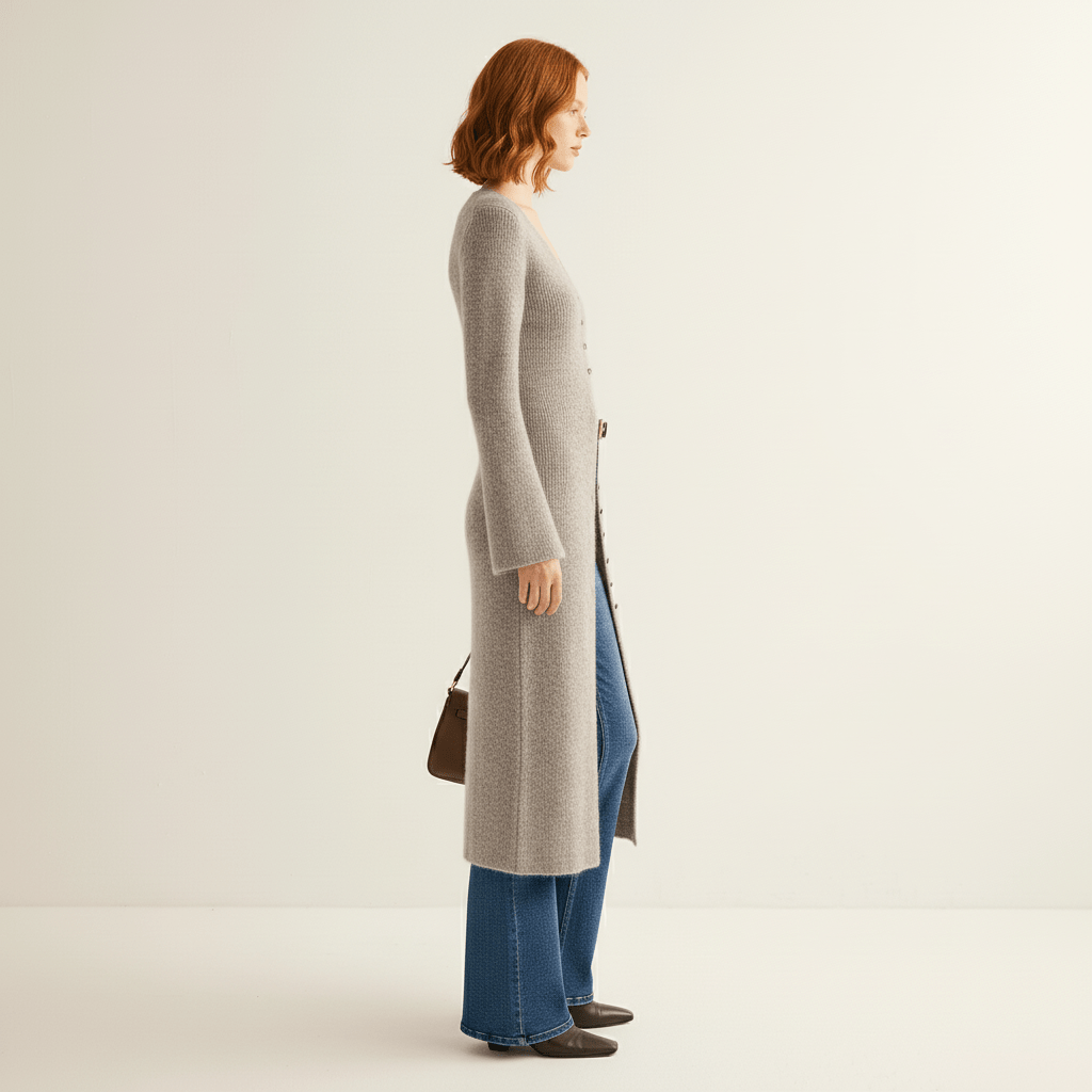 Zakelijke Angelina longline cardigan met zijkanten en knoopsluiting, stijlvolle damesmode.