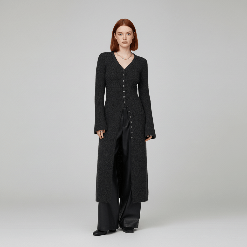 Dames longline cardigan met knopen, veelzijdig voor comfortabele casual én zakelijke outfits.