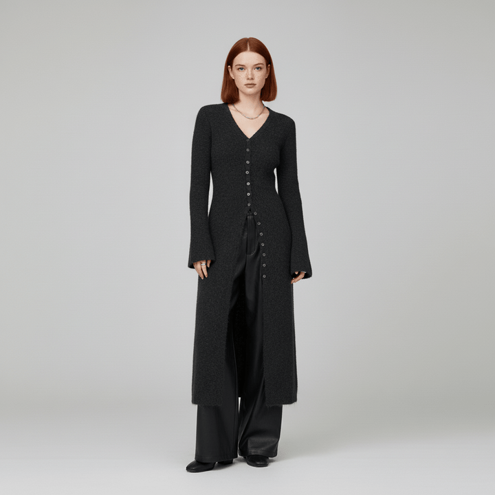 Dames longline cardigan met knopen, veelzijdig voor comfortabele casual én zakelijke outfits.