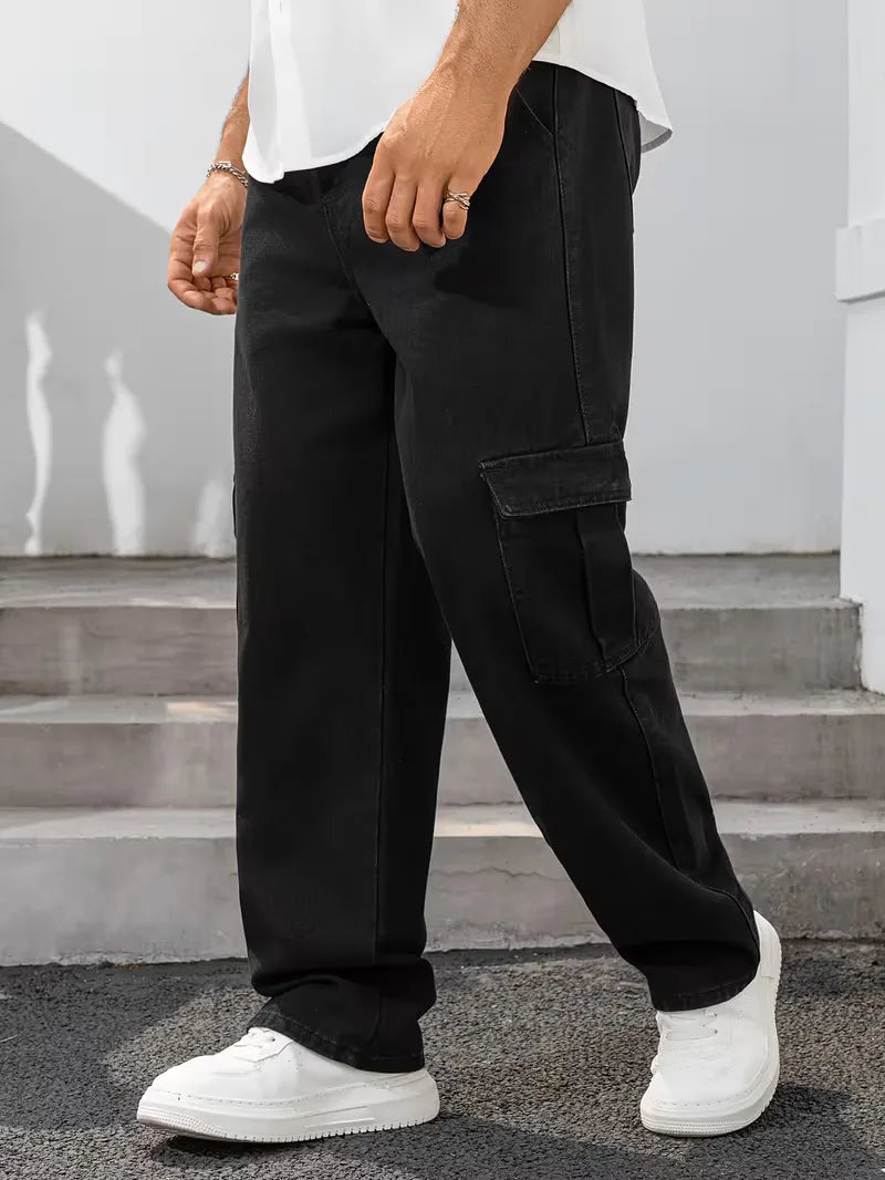 Heren broek: donkergrijze loose fit cargo met rechte pijp. Duurzaam en comfortabel voor elke dag.
