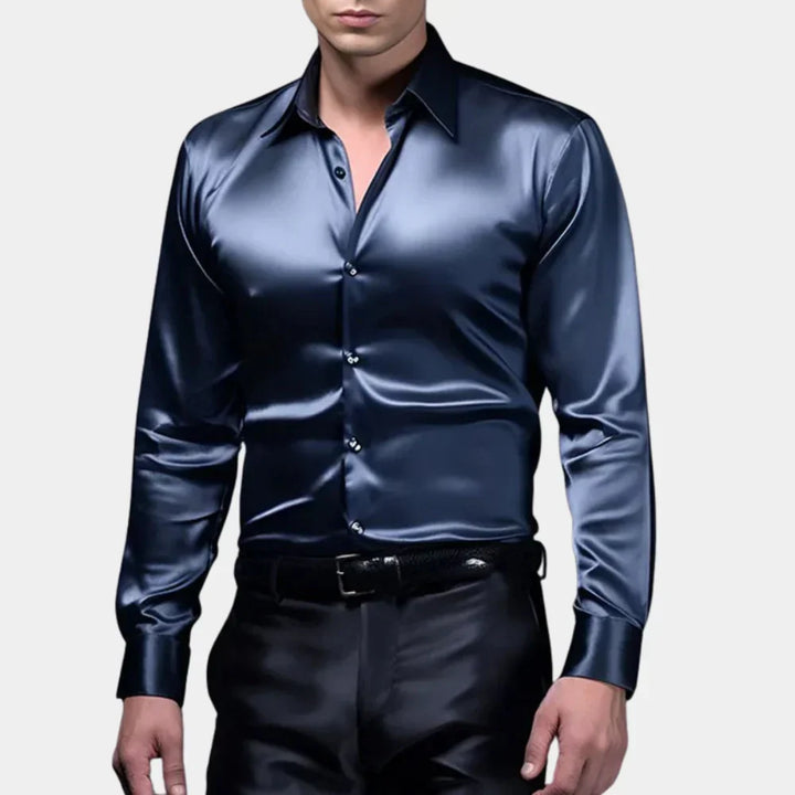 Stijlvol slim fit herenoverhemd met lange mouwen en nette knoopsluiting, glanzende stof.