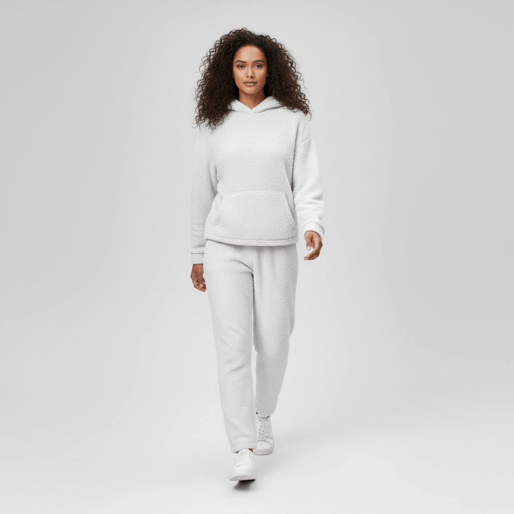 Achteraanzicht van de comfortabele dames loungewear set, losvallende pasvorm.