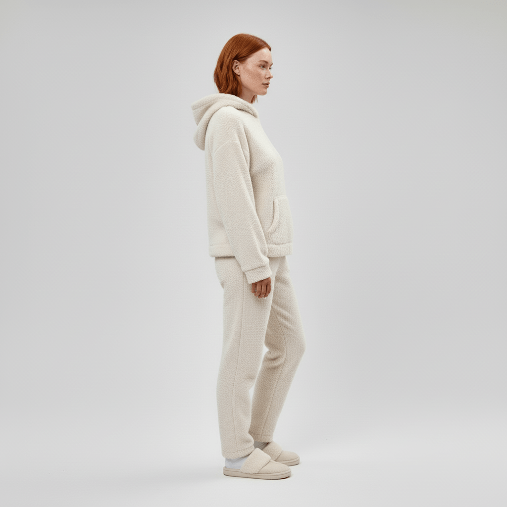 Zijaanzicht van de Skye loungewear set, accent op de comfortabele broek en hoodie.