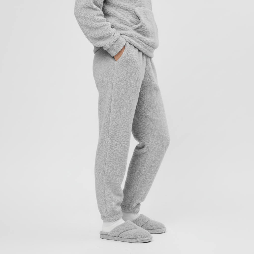 Vrouw geniet van ontspannen moment in stijlvolle dames hoodie set met kangoeroezak.