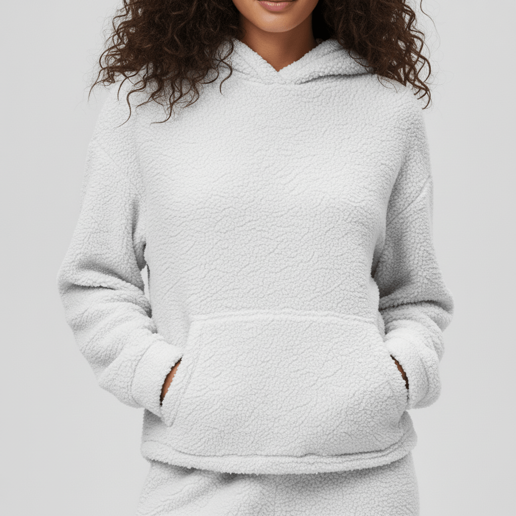 Close-up van de zachte stof en de kangoeroezak van de dames loungewear set.