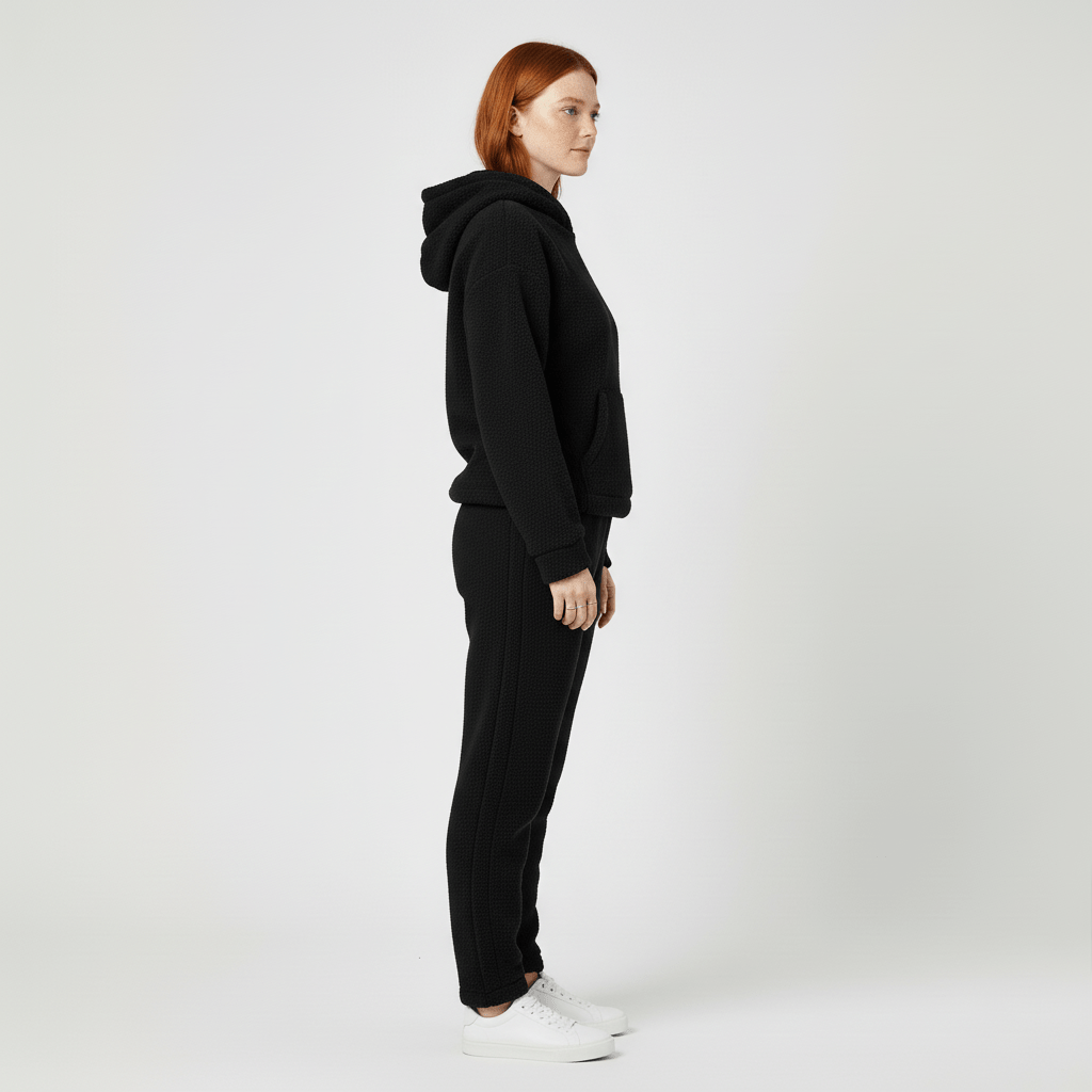Model ontspannen in zachte dames hoodie set, modern en comfortabel ontwerp.