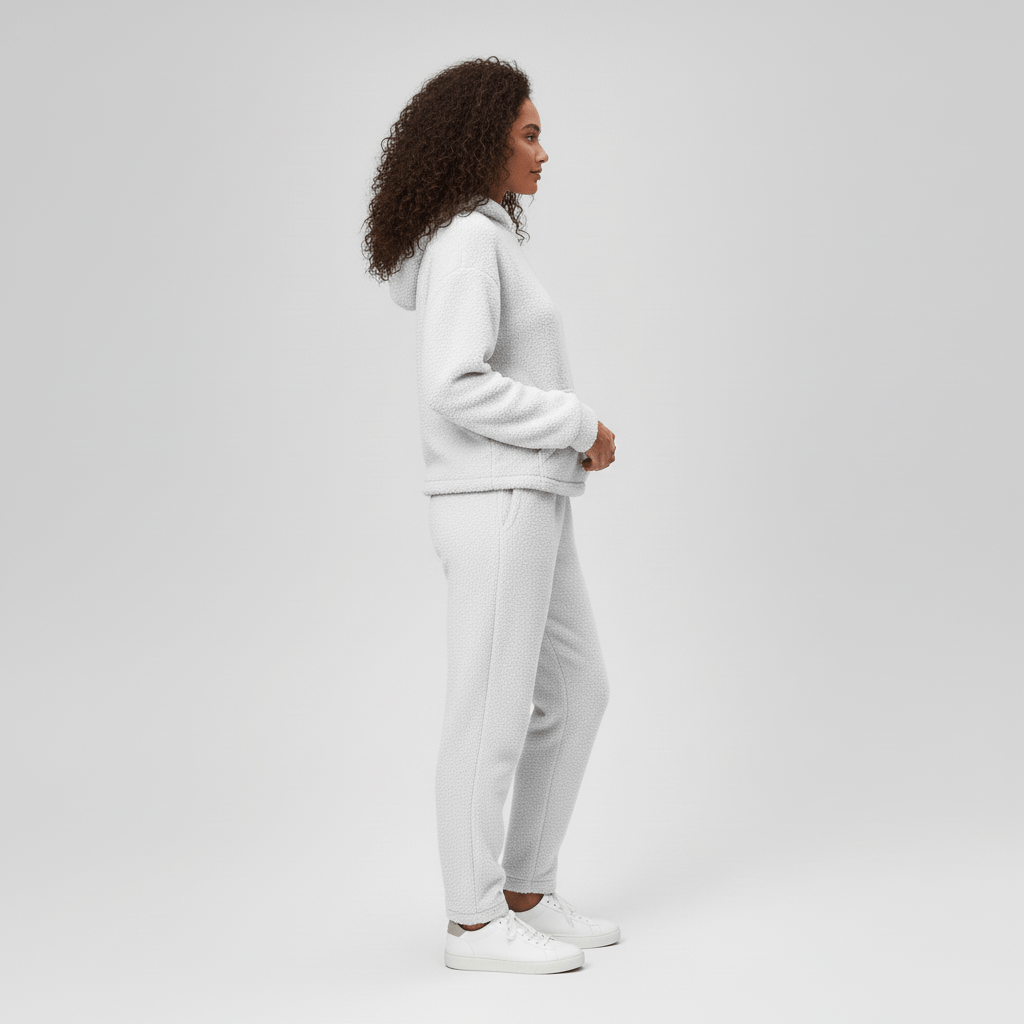 Loungewear set van bovenaf, detail van de zachte stof en nette afwerking.
