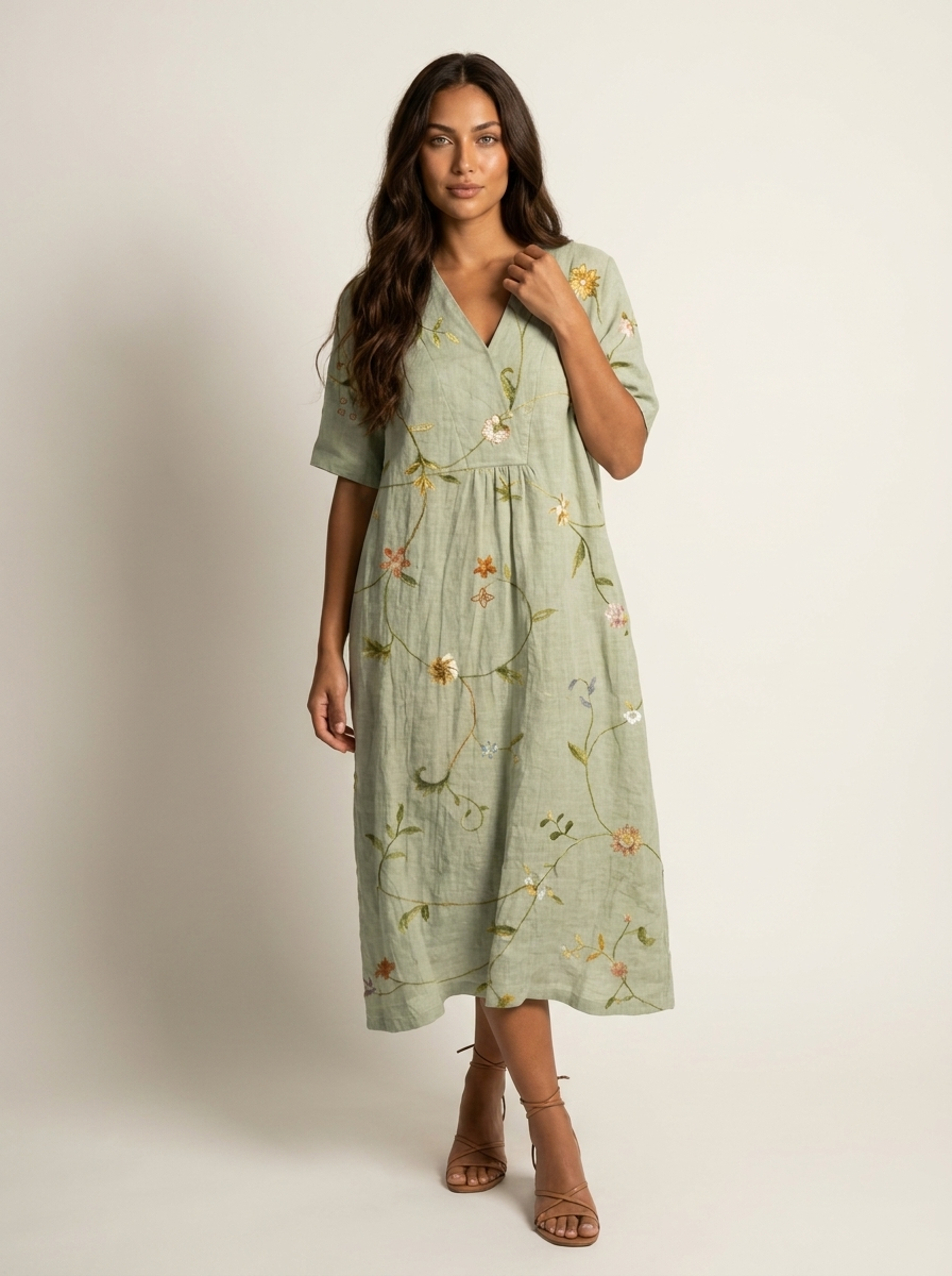 Stijlvolle zomerjurk voor dames, midi lengte, met unieke natuurprint en losvallende pasvorm.