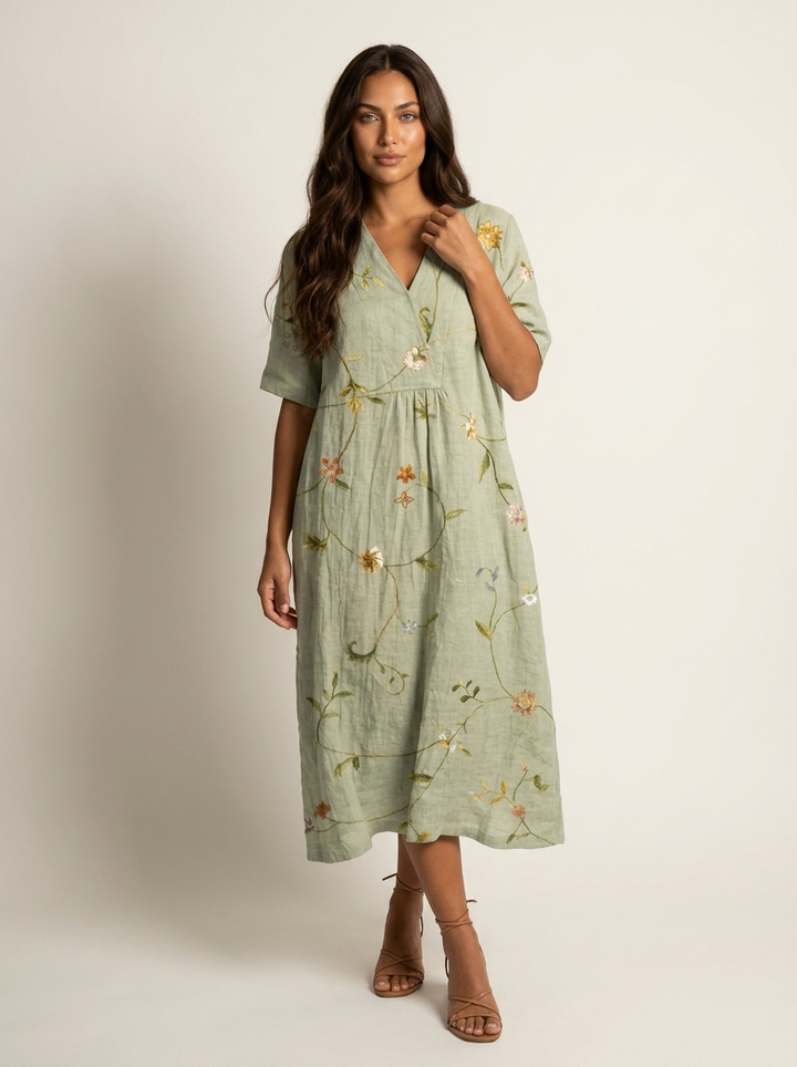 Stijlvolle zomerjurk voor dames, midi lengte, met unieke natuurprint en losvallende pasvorm.