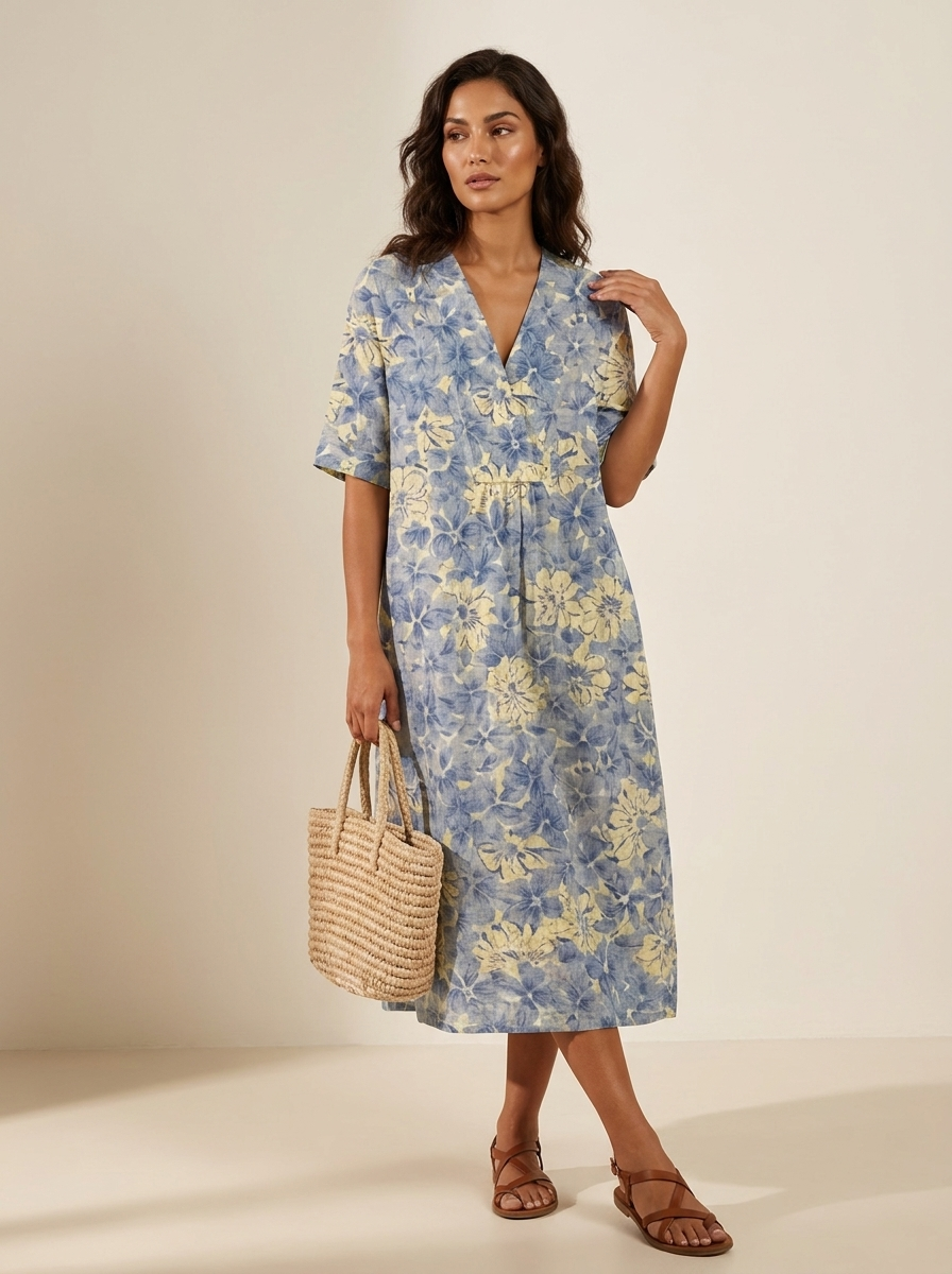 Luchtige midi jurk voor vrouwen, ideaal voor de zomer, met een frisse natuurprint.