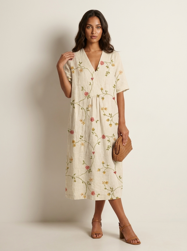 Dames midi jurk met natuurlijke print, zeer comfortabel en geschikt voor diverse gelegenheden.