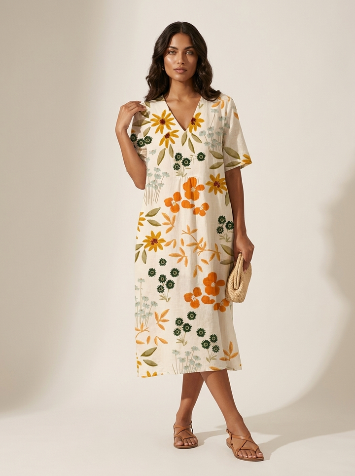 Elegante midi jurk met bloemenprint voor dames, luchtig en stijlvol, perfect voor warme dagen.