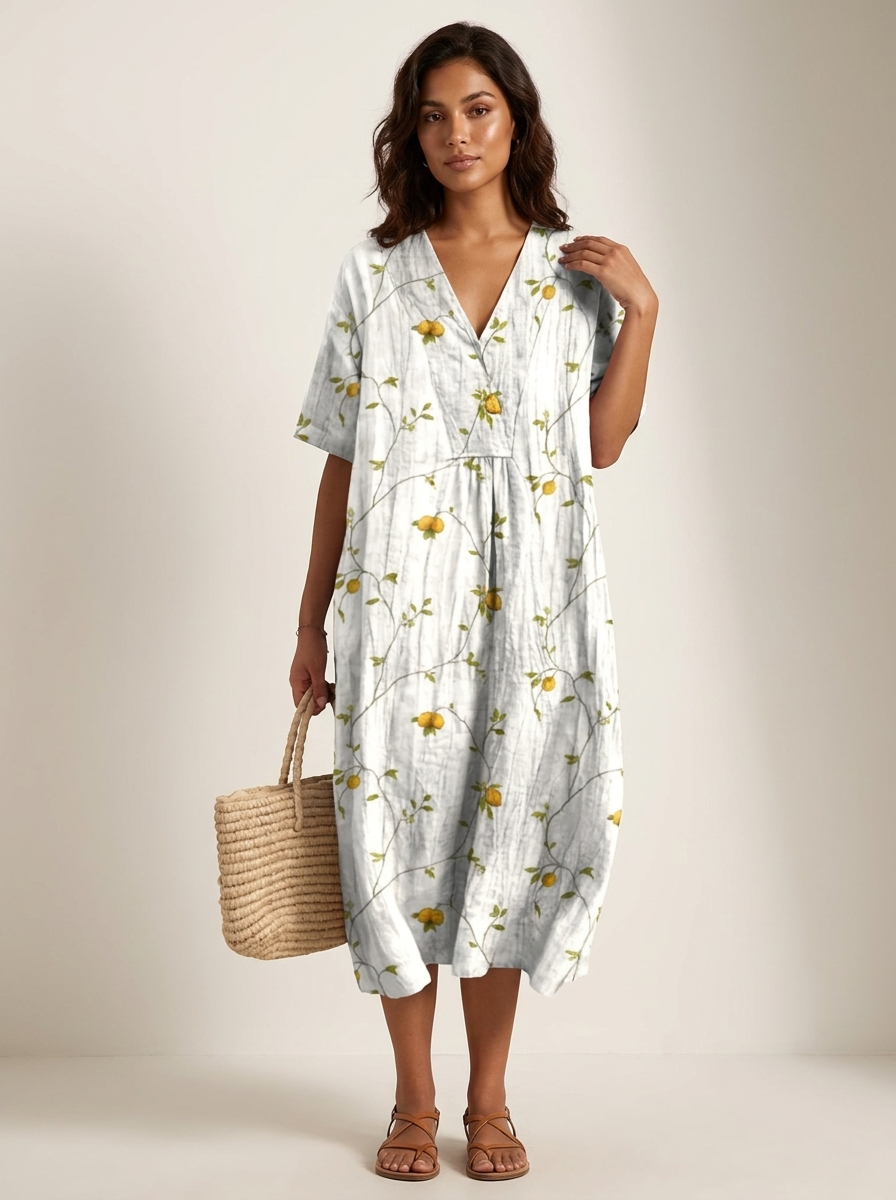 Losvallende dames midi jurk, met vrolijke natuurprint en V-hals, optimaal comfort.