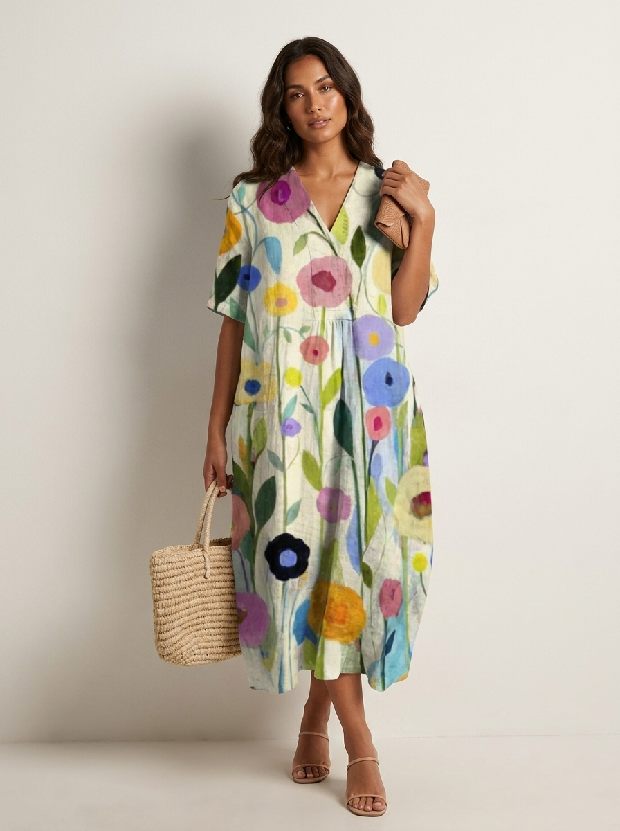 Natuurprint midi jurk voor dames, luchtig materiaal, ideaal als zomerjurk.