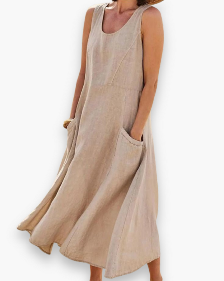 Elegante luchtige dames zomer midi-jurk met praktische zakken, ideaal voor een casual of strandlook.