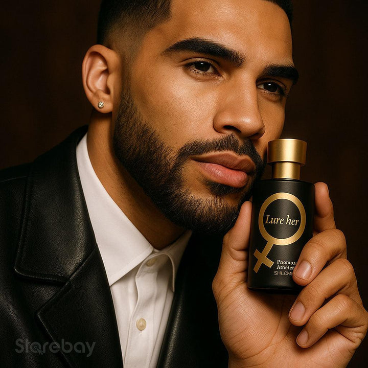 Man spuit subtiel feromonen herenparfum op, voor een karaktervolle en frisse uitstraling.