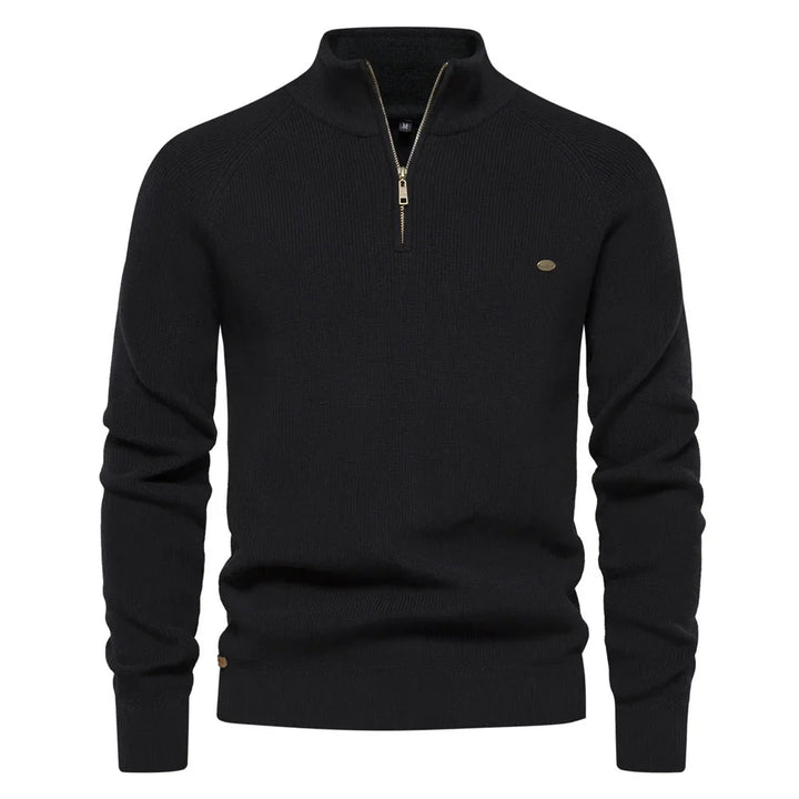 Warm ribgebreide heren trui met halve rits en opstaande kraag, perfect voor lagen in de wintermode.
