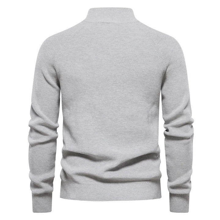 Comfortabele ribgebreide heren trui met halve rits en opstaande kraag, perfect voor de koudere dagen.