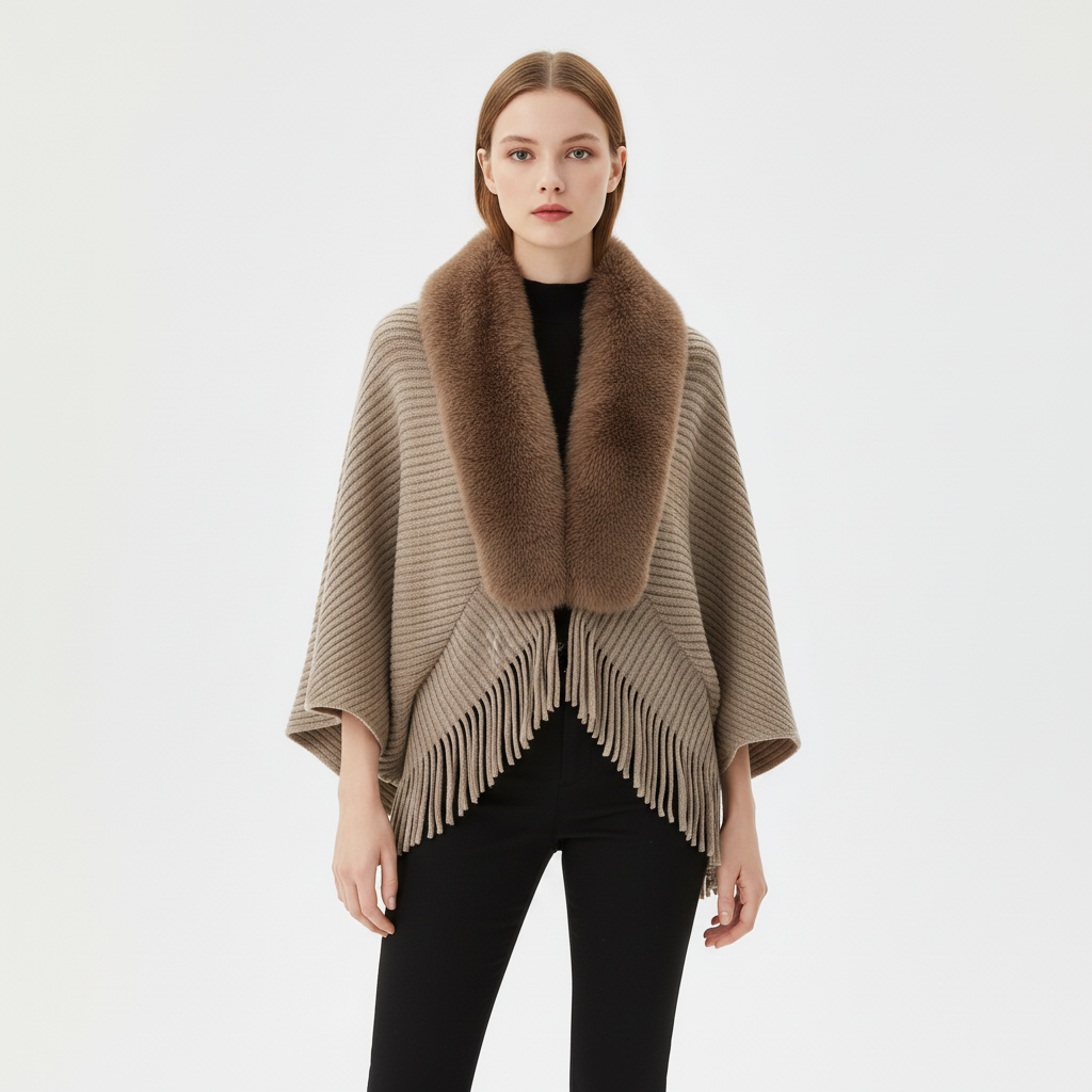 Stijlvolle dames wintercape: Warme en comfortabele cape Elisa, perfect voor een elegante en modieuze look.