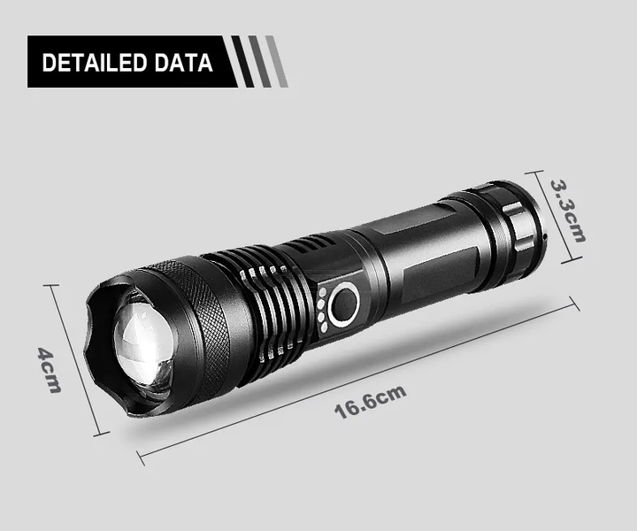 Gadget voor buiten: waterdichte, oplaadbare LED zaklamp, XHP50.2 voor extreme helderheid.