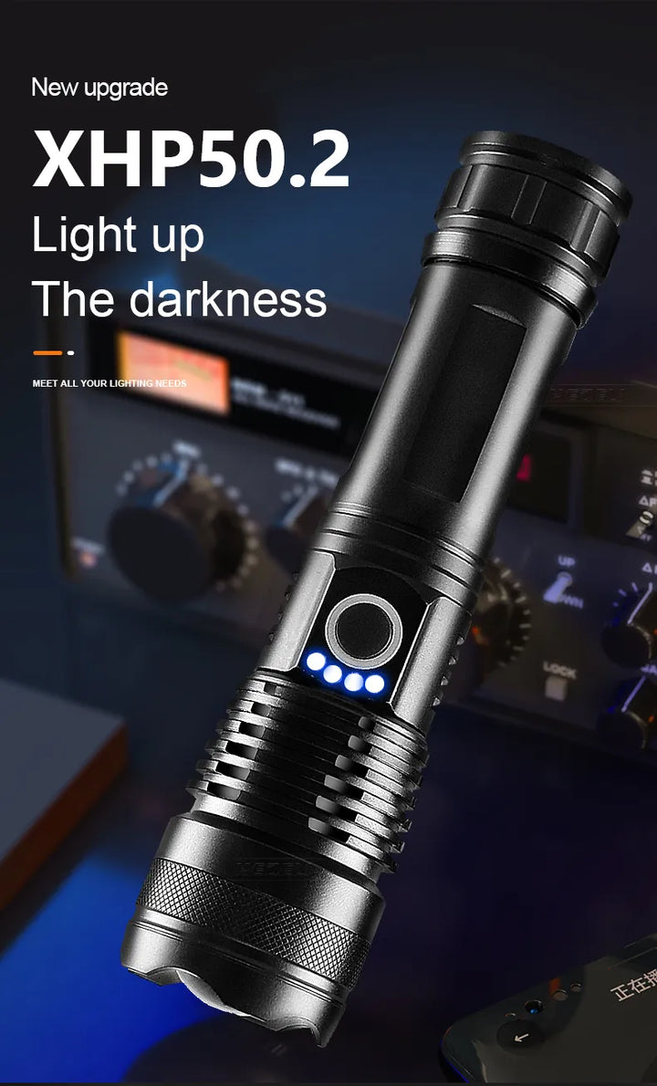 Unisex ultraheldere oplaadbare LED zaklamp voor buitenavonturen, kamperen en wandelen.