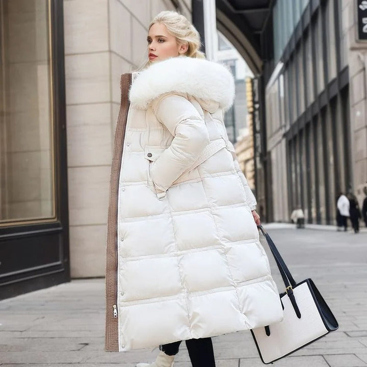 Moderne damesjas met klassieke bontkraag, luxe en warm. Nieuwe wintermode collectie, zeer stijlvol.