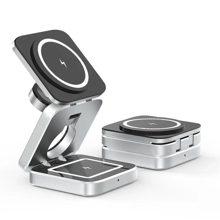3-in-1 draadloos laadstation, magnetisch opvouwbaar voor telefoon, smartwatch & oordopjes. Compacte oplader.
