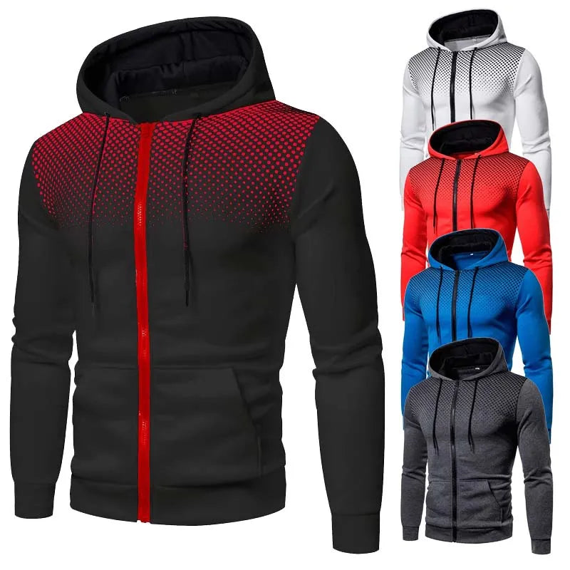 Heren sportvest met zwarte polka dot print & ritssluiting, ideaal voor comfortabele outdoor activiteiten.